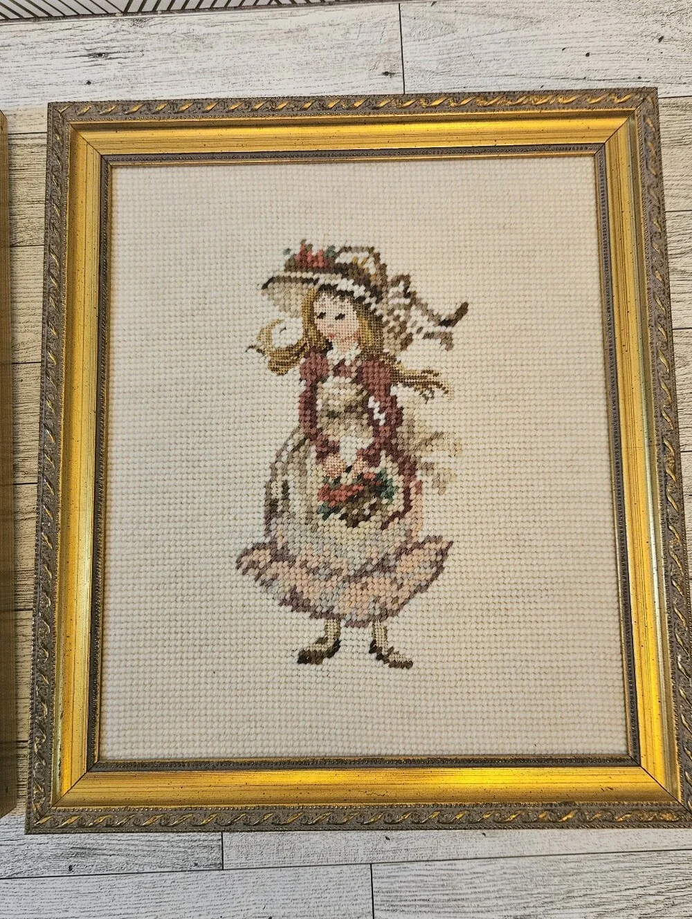 Pair Of Framed Vintage Needlepoint Girls In Floral Dress Grandmacore *No Glass